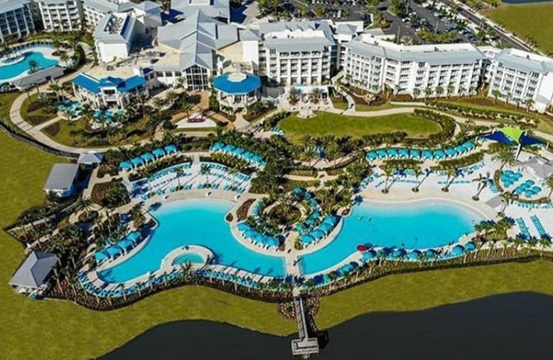 The aerial view of the Margaritaville Resort Orlando. The resort amenities are available for guests of Seas Life Cottage vacation rental.